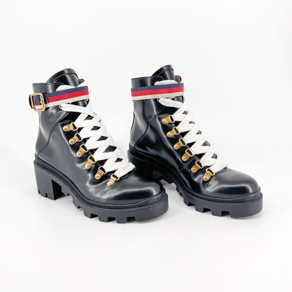 Gucci Sylvie Trip Black Leather Lace Up Combat Boots Size 36.5 US 6.5 Women's - Picture 1 of 15
